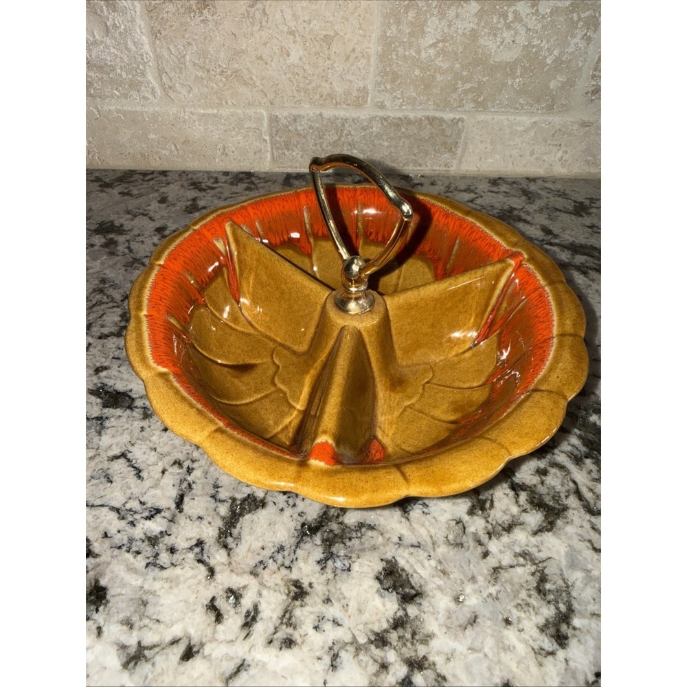 Vintage Divided Relish Nut Candy Dish Brown Orange Drip MCM California Pottery